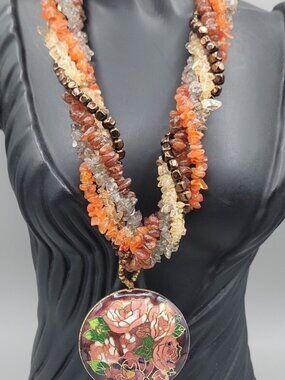 VTG AV MAX Carnelian Agate Torsade Necklace with Large Cloisonné Floral Pendant